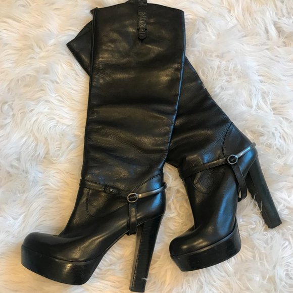 Guess by Marciano Shoes - Guess by Marciano Tall Knee-High Black Boots with Pewter Buckle Detail, Size 7